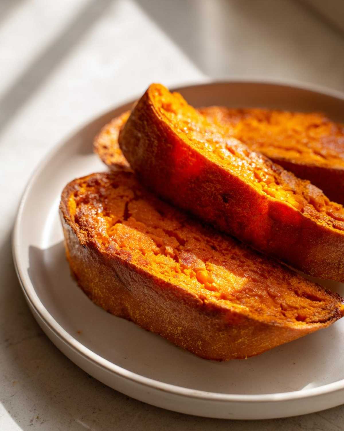 Close-up of two thick, bright orange slices of sweet potato toast resting on a light-colored plate.