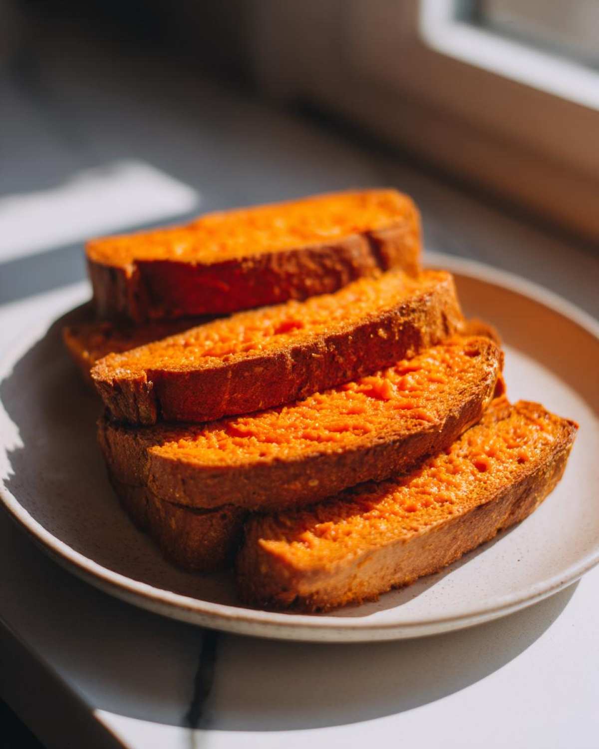 A stack of four bright orange, toasted sweet potato toast slices resting on a light-colored plate near a window.