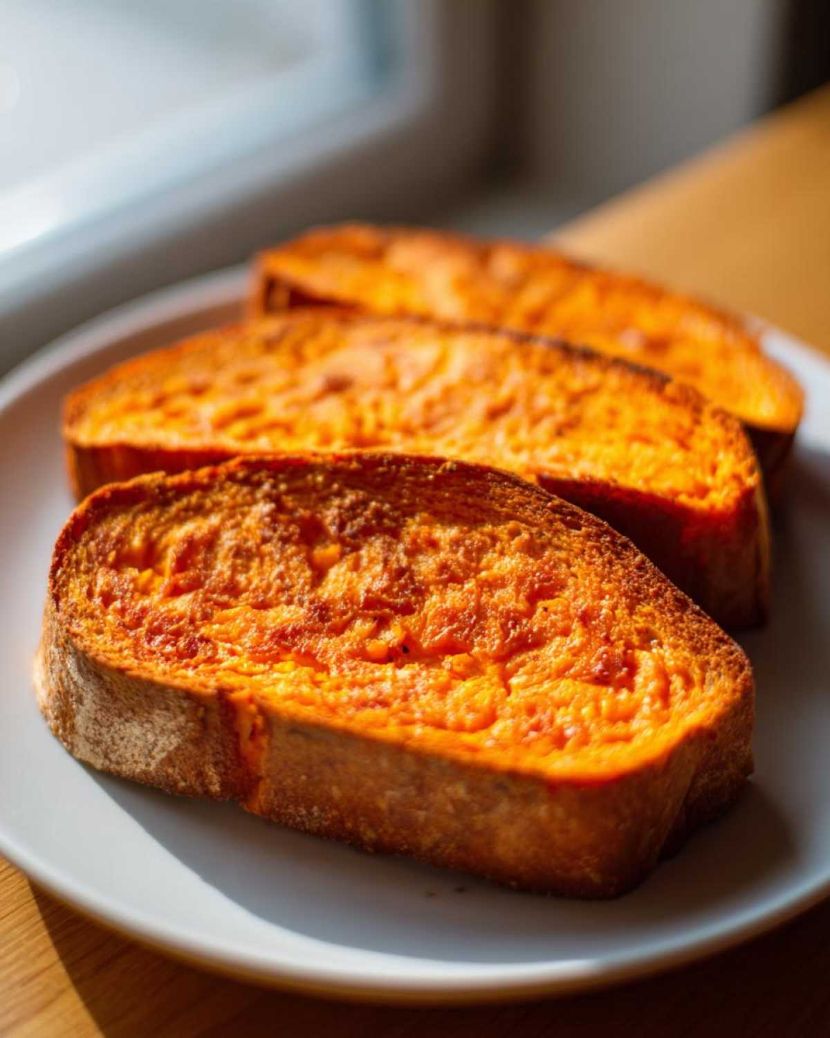 Three bright orange slices of sweet potato toast arranged on a white plate near a window.