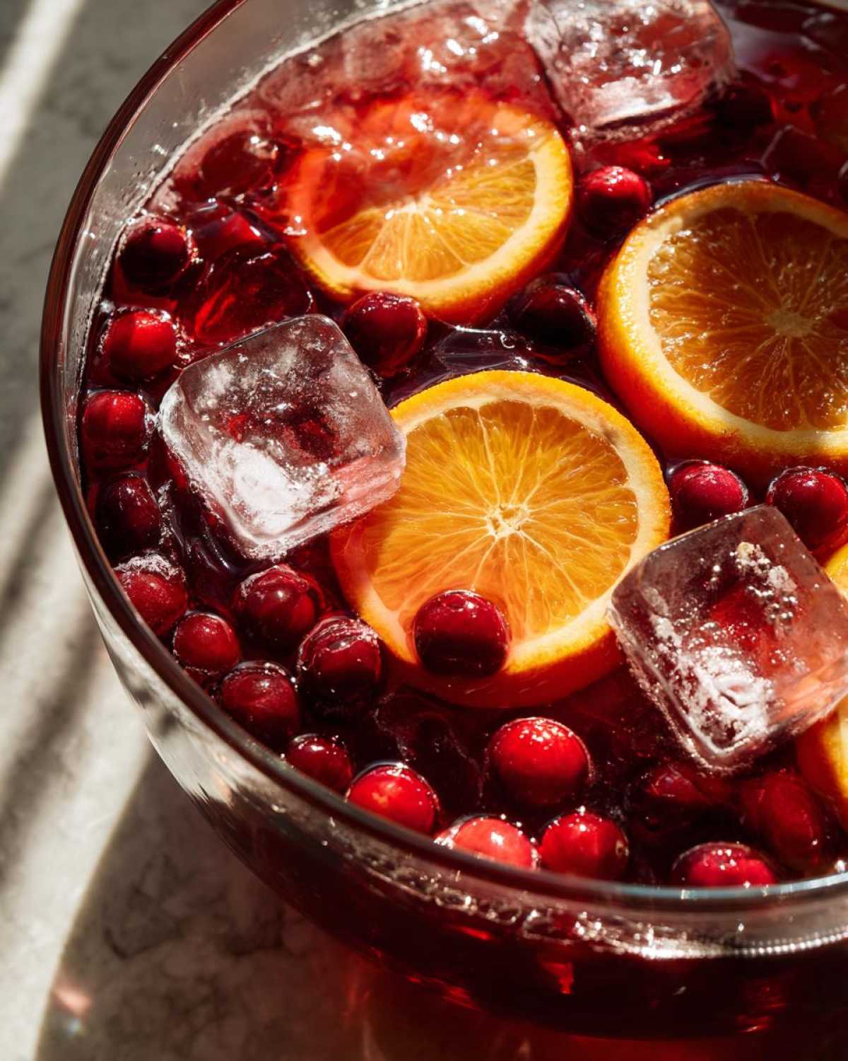 Close-up view of a vibrant red thanksgiving punch garnished with orange slices, fresh cranberries, and large ice cubes.