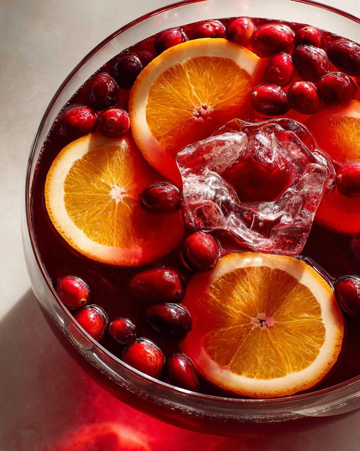 Close-up overhead view of a vibrant red thanksgiving punch garnished with orange slices, fresh cranberries, and ice.
