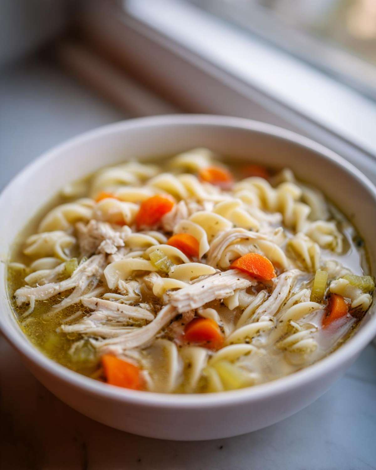 Close-up of a white bowl filled with steaming turkey noodle soup, featuring shredded turkey, egg noodles, and sliced carrots.