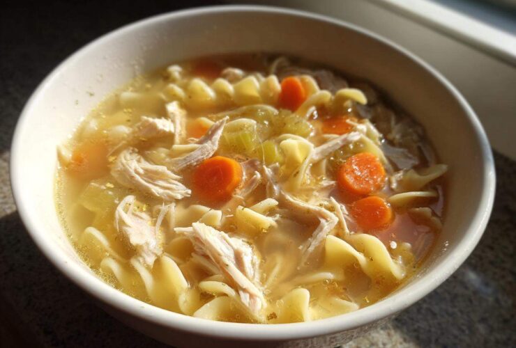Close-up of a white bowl filled with steaming turkey noodle soup, featuring shredded turkey, egg noodles, and bright orange carrot slices.