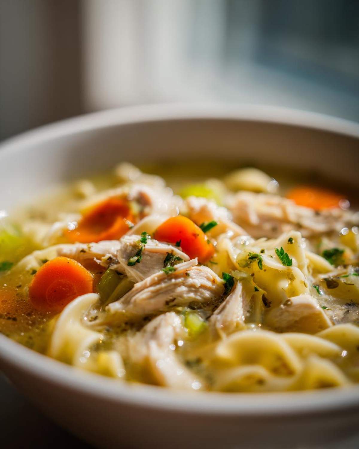 Close-up of a white bowl filled with steaming turkey noodle soup, featuring shredded turkey, egg noodles, and bright orange carrots.
