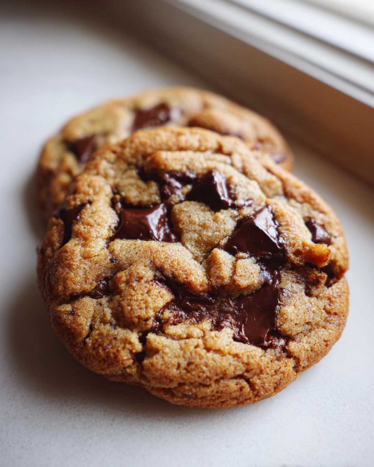 A close-up, appetizing shot of two freshly baked chocolate chip cookie rounds with melted chocolate chunks.