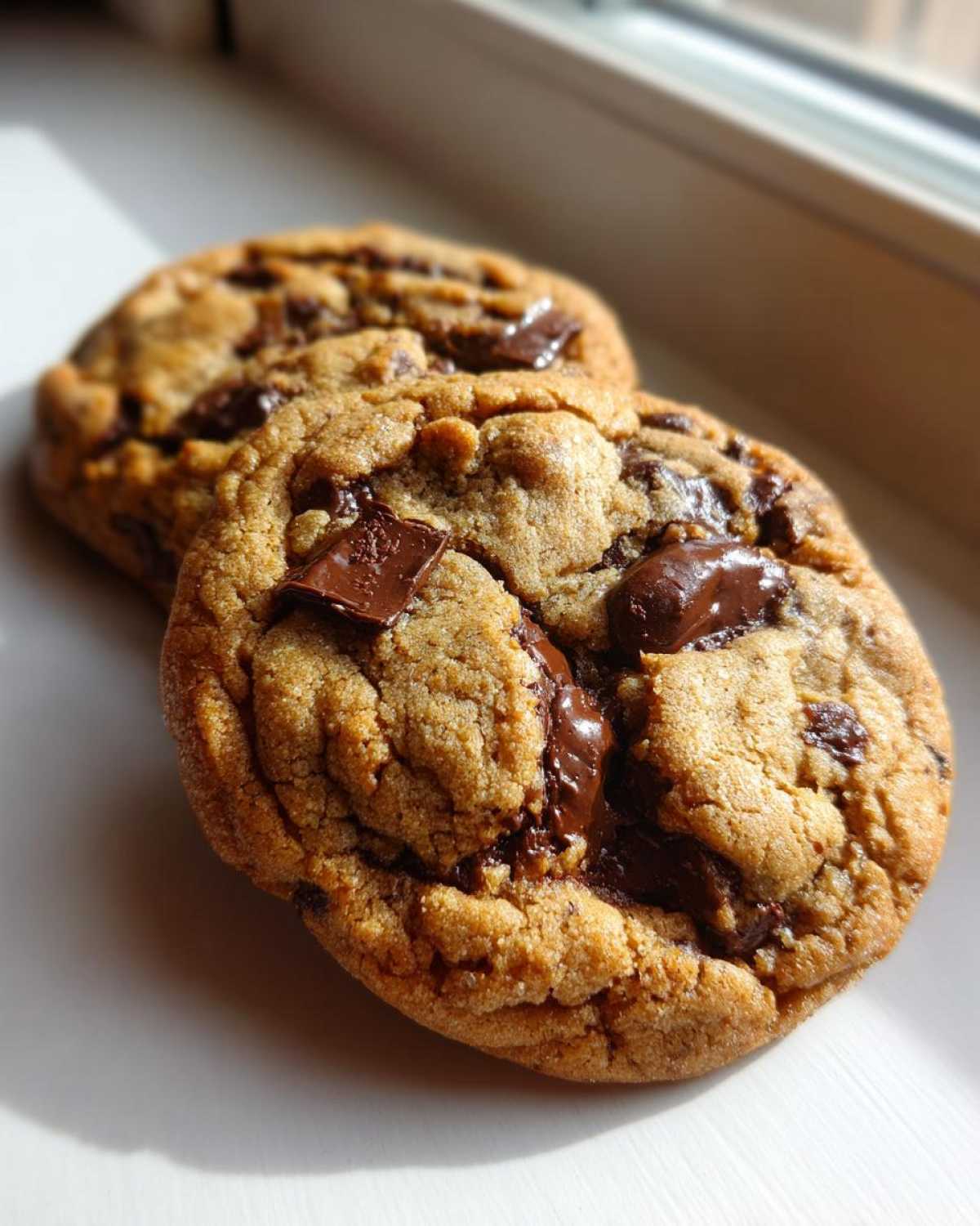 Two freshly baked, thick chocolate chip cookie treats with melted chocolate chunks sitting on a white surface near a window.