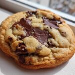 Close-up of a freshly baked, gooey chocolate chip cookie with melted chocolate pools.