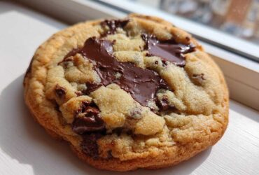Close-up of a freshly baked, gooey chocolate chip cookie with melted chocolate pools.