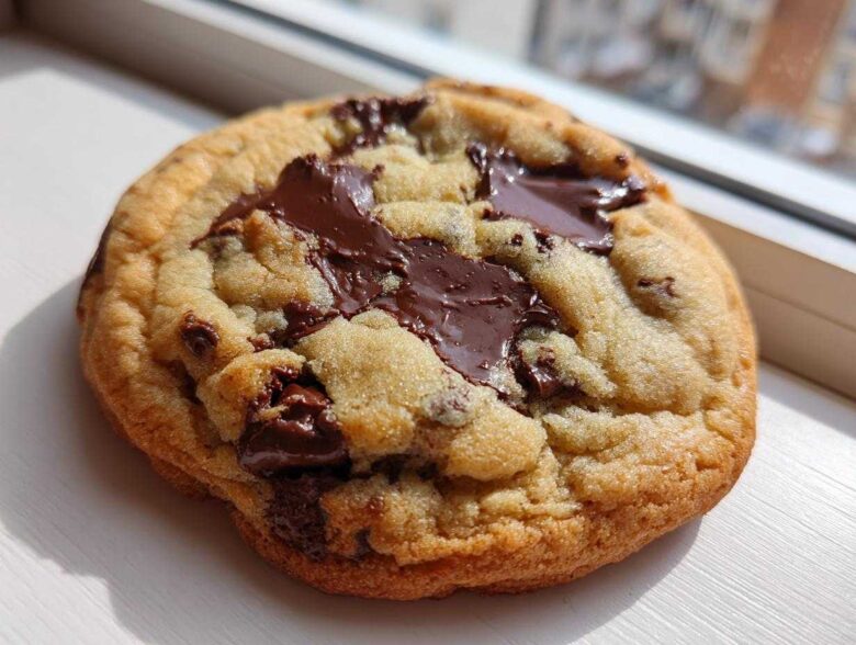 Close-up of a freshly baked, gooey chocolate chip cookie with melted chocolate pools.