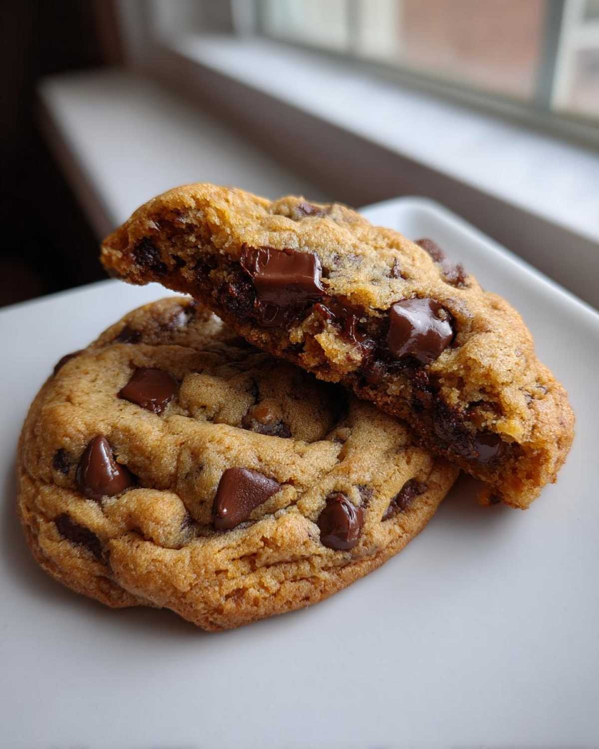 Close-up of a freshly baked chocolate chip cookie broken in half, showing a gooey, melted chocolate center.