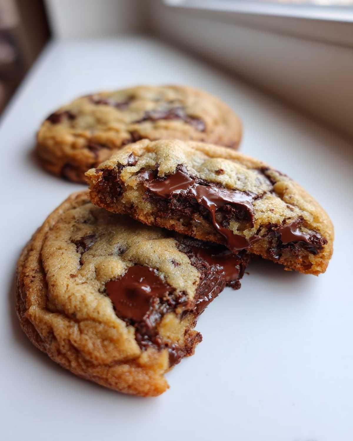 Close-up of a freshly baked chocolate chip cookie broken in half, showing gooey, melted chocolate chips inside.