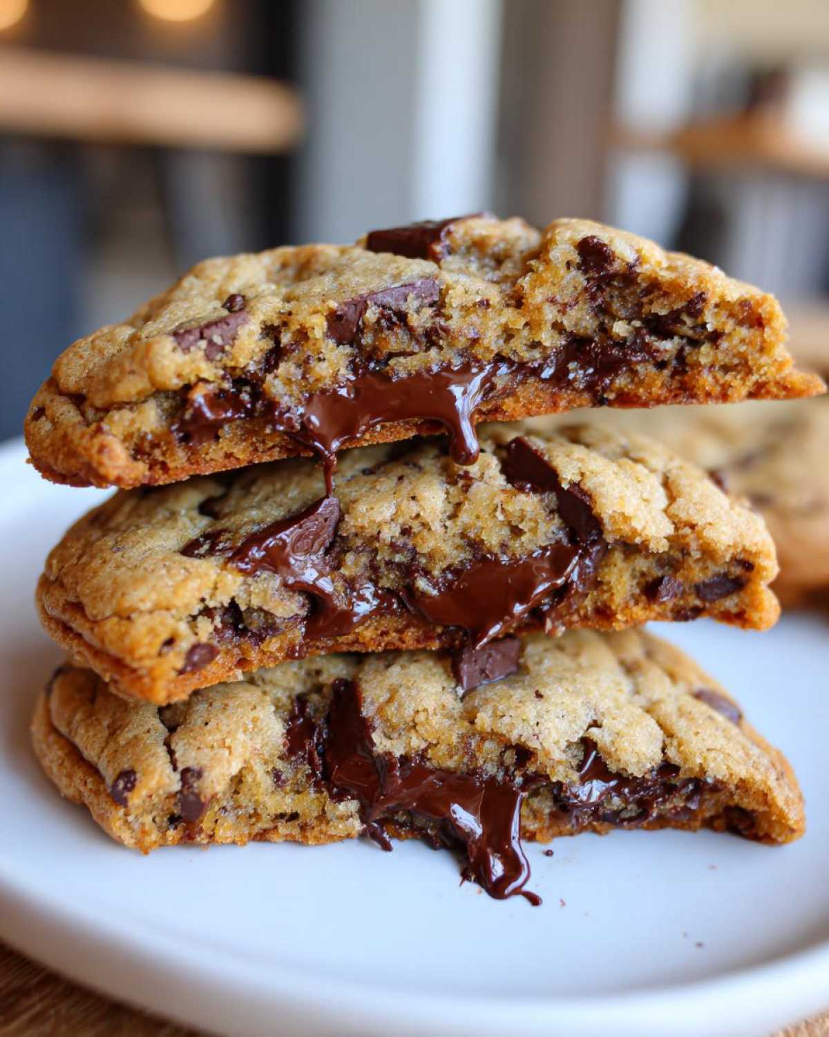 Stack of three vegan chocolate chip cookies cut in half showing gooey, melted chocolate centers.