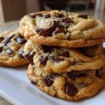 A stack of three thick, chewy vegan chocolate chip cookies loaded with melted chunks.