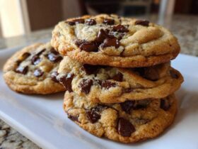 A stack of three thick, chewy vegan chocolate chip cookies loaded with melted chunks.
