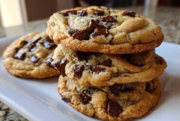 A stack of three thick, chewy vegan chocolate chip cookies loaded with melted chunks.
