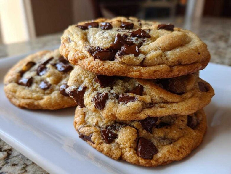 A stack of three thick, chewy vegan chocolate chip cookies loaded with melted chunks.
