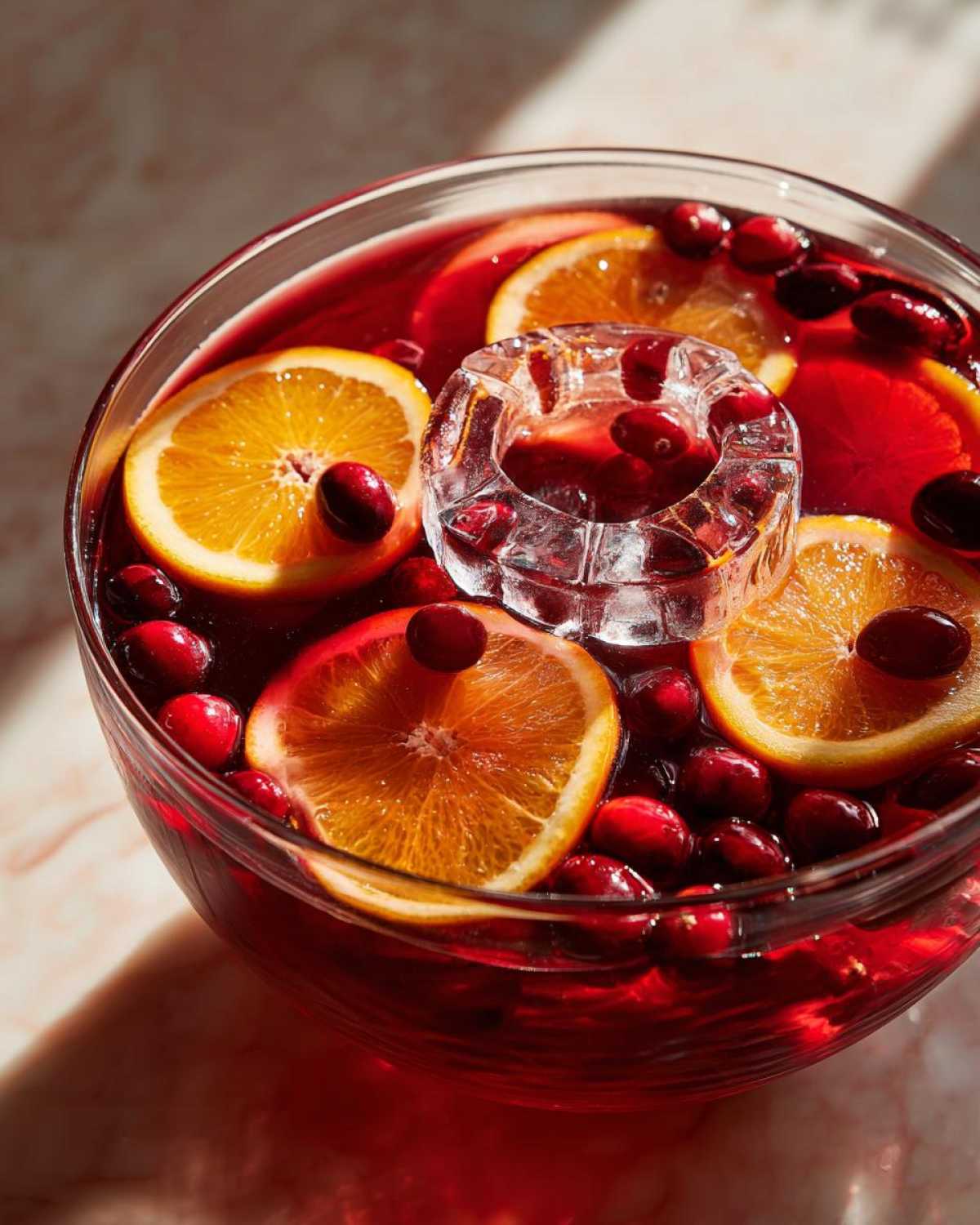 Close-up of a vibrant red thanksgiving punch garnished with fresh orange slices and whole cranberries in a glass bowl.