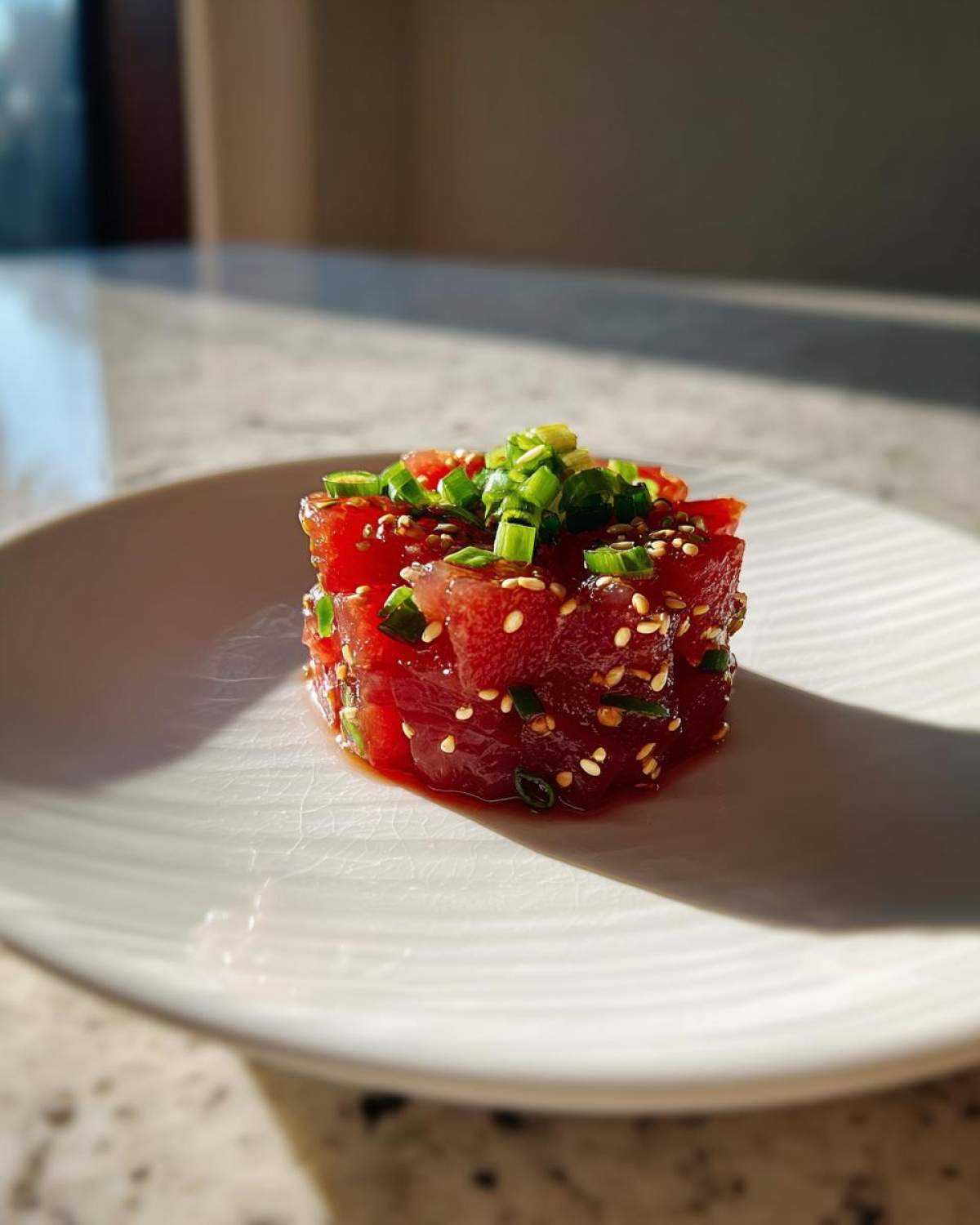 A beautifully molded cube of vibrant red tuna tartare topped with chopped green onions and sesame seeds.