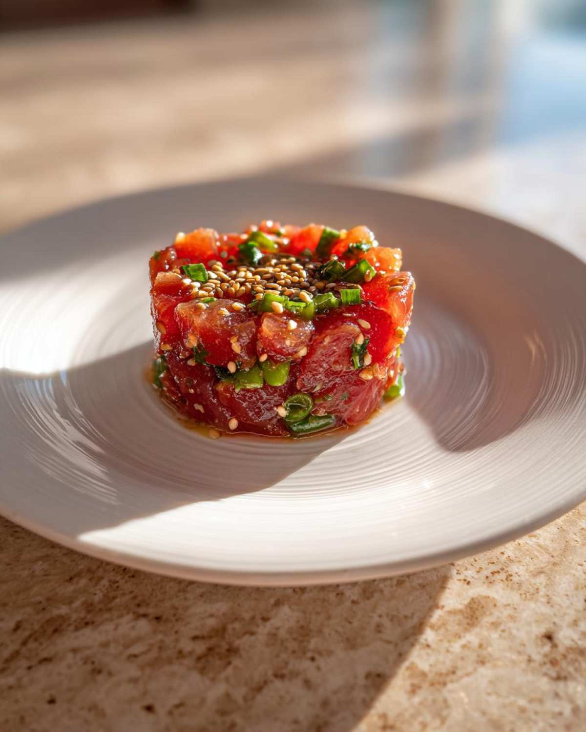 A beautifully molded tower of fresh tuna tartare topped with green onions and toasted sesame seeds.