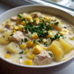 Close-up of a creamy bowl of chicken corn chowder, featuring chunks of potato, chicken, and corn, topped with fresh parsley.