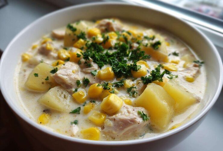 Close-up of a creamy bowl of chicken corn chowder, featuring chunks of potato, chicken, and corn, topped with fresh parsley.