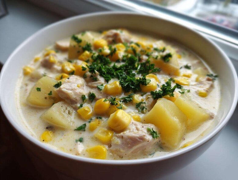 Close-up of a creamy bowl of chicken corn chowder, featuring chunks of potato, chicken, and corn, topped with fresh parsley.