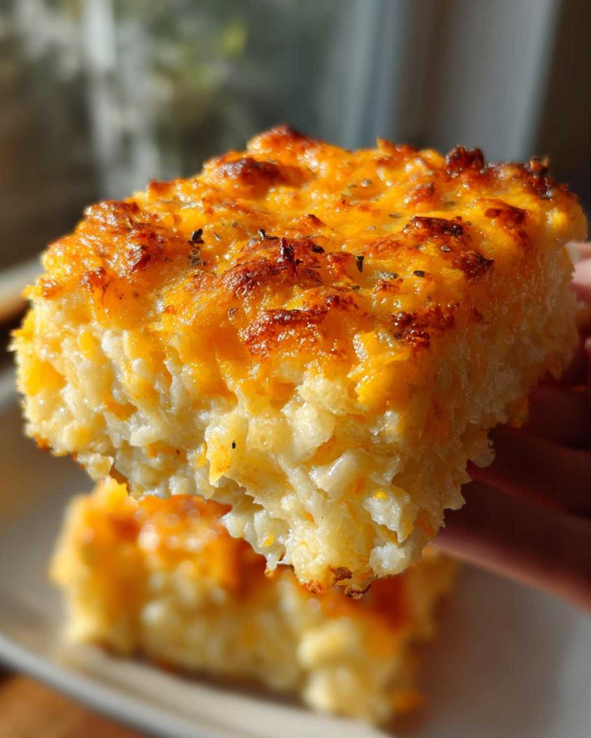A hand holding up a square slice of baked hashbrown casserole with a golden, bubbly cheese topping.