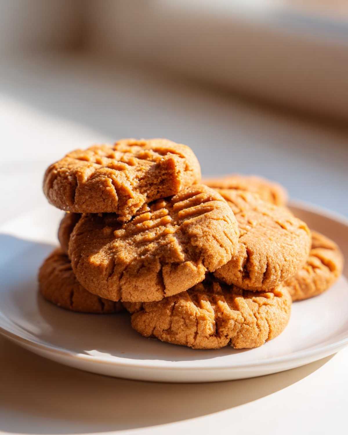 A stack of golden brown 3-ingredient peanut butter cookies on a white plate, with one cookie having a bite taken out.