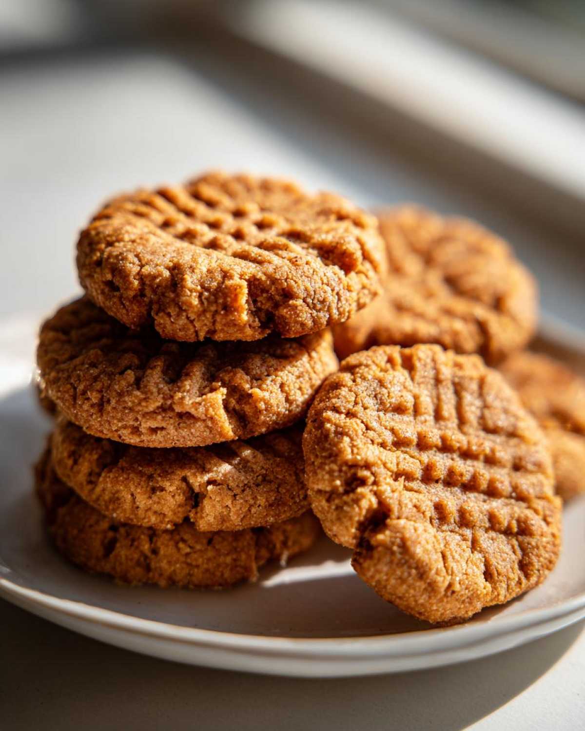 A close-up stack of golden brown 3-ingredient peanut butter cookies showing classic crisscross fork marks.