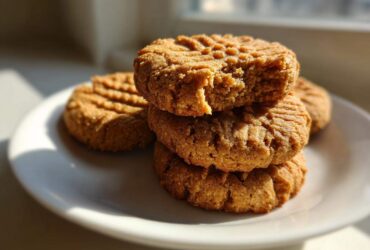 A stack of golden brown 3-ingredient peanut butter cookies on a white plate, one cookie on top has a bite taken out.