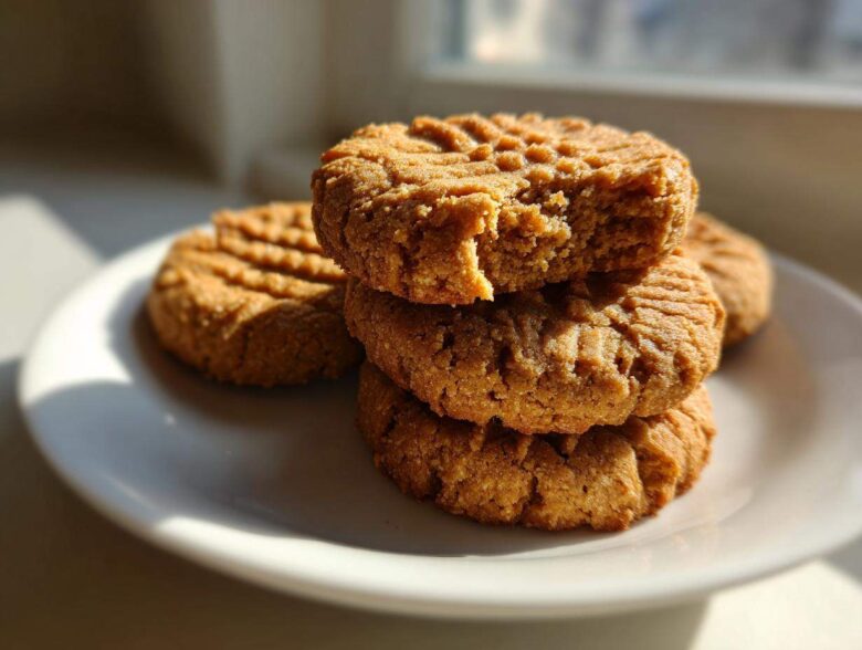 A stack of golden brown 3-ingredient peanut butter cookies on a white plate, one cookie on top has a bite taken out.