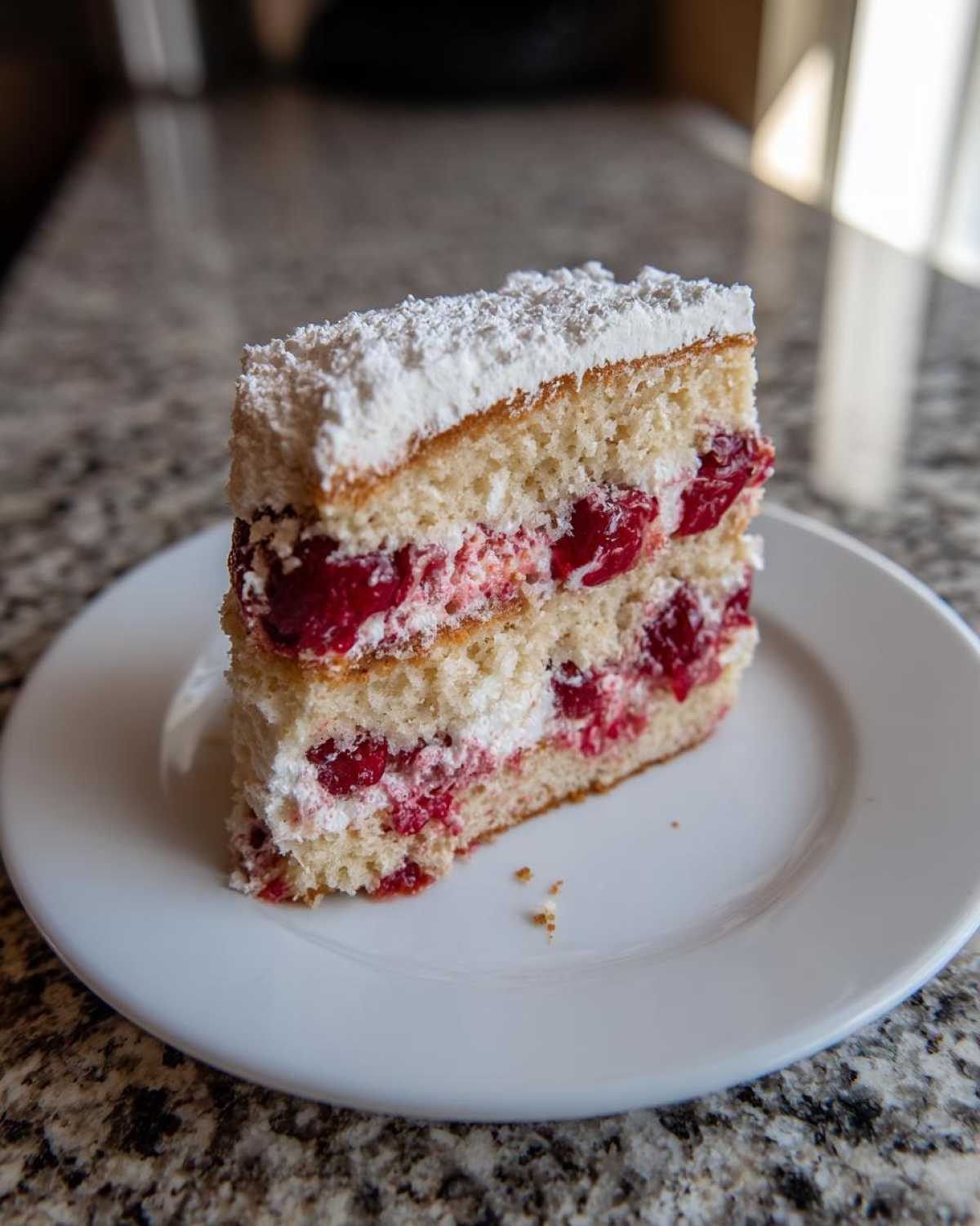 A tall slice of layered vanilla sponge cherry cake with white frosting and powdered sugar.