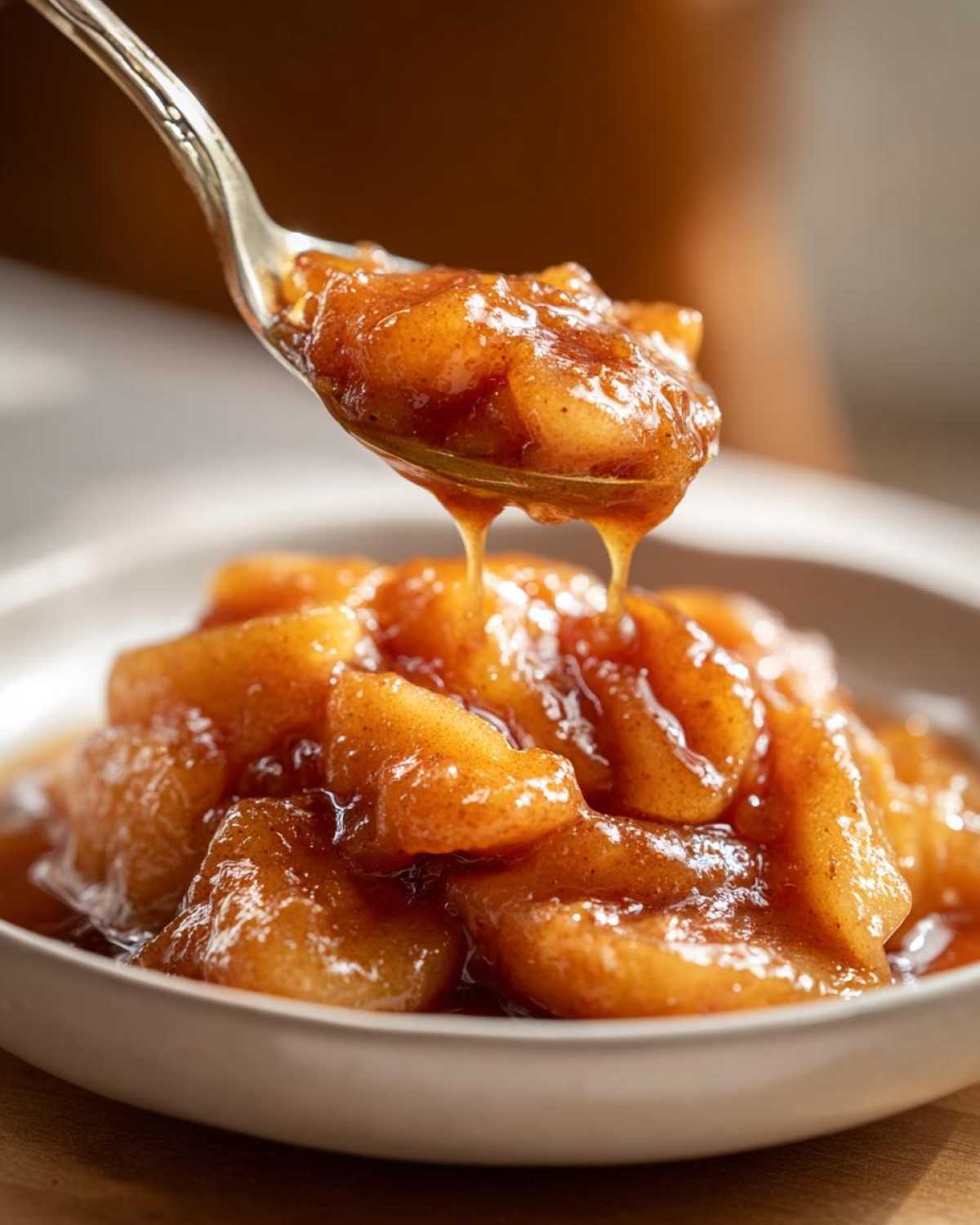 Close-up of a silver spoon lifting rich, syrupy apple pie filling out of a white bowl.