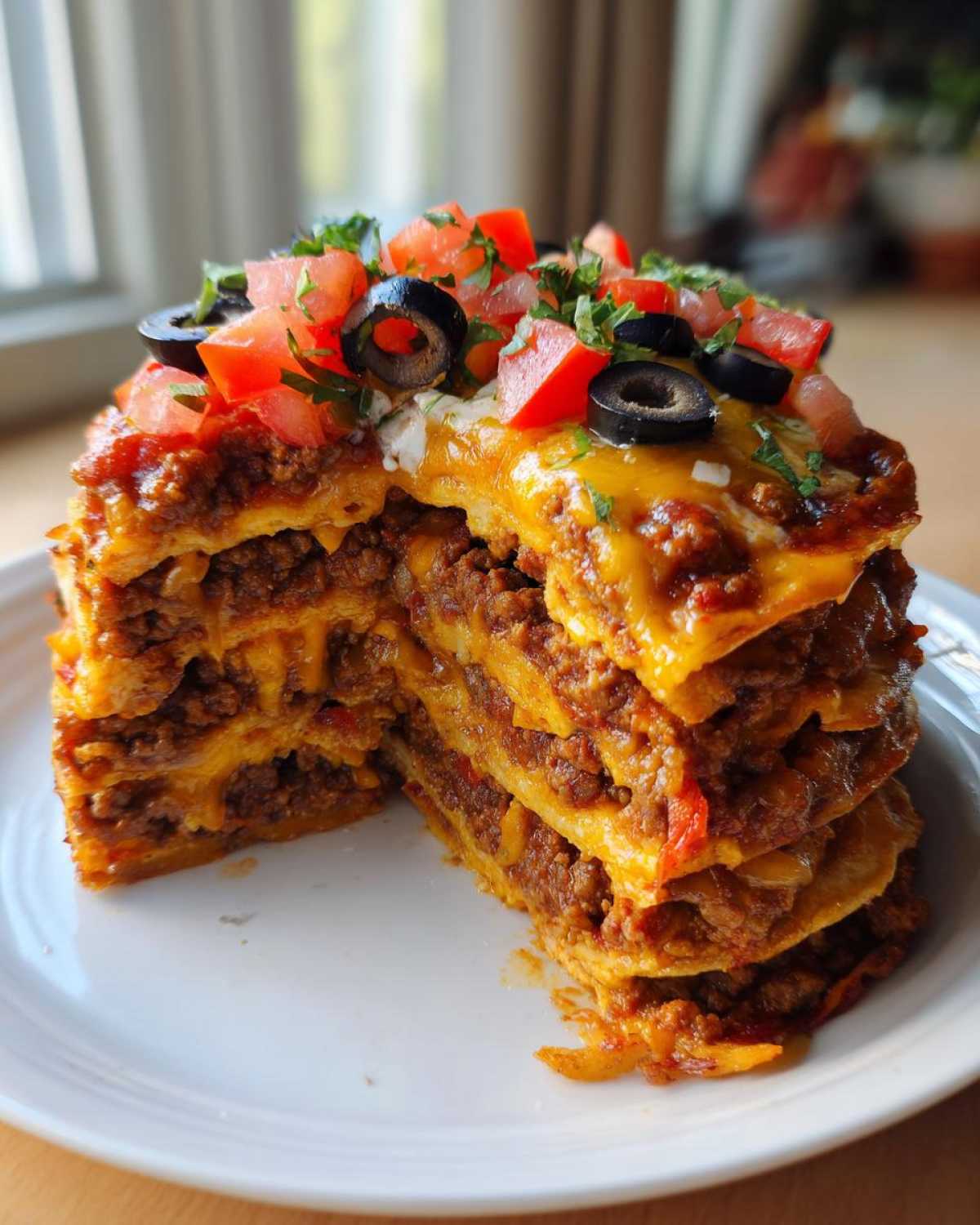 A towering cross-section of an 8-layer mexican pizza filled with seasoned meat and cheese, topped with tomatoes and olives.