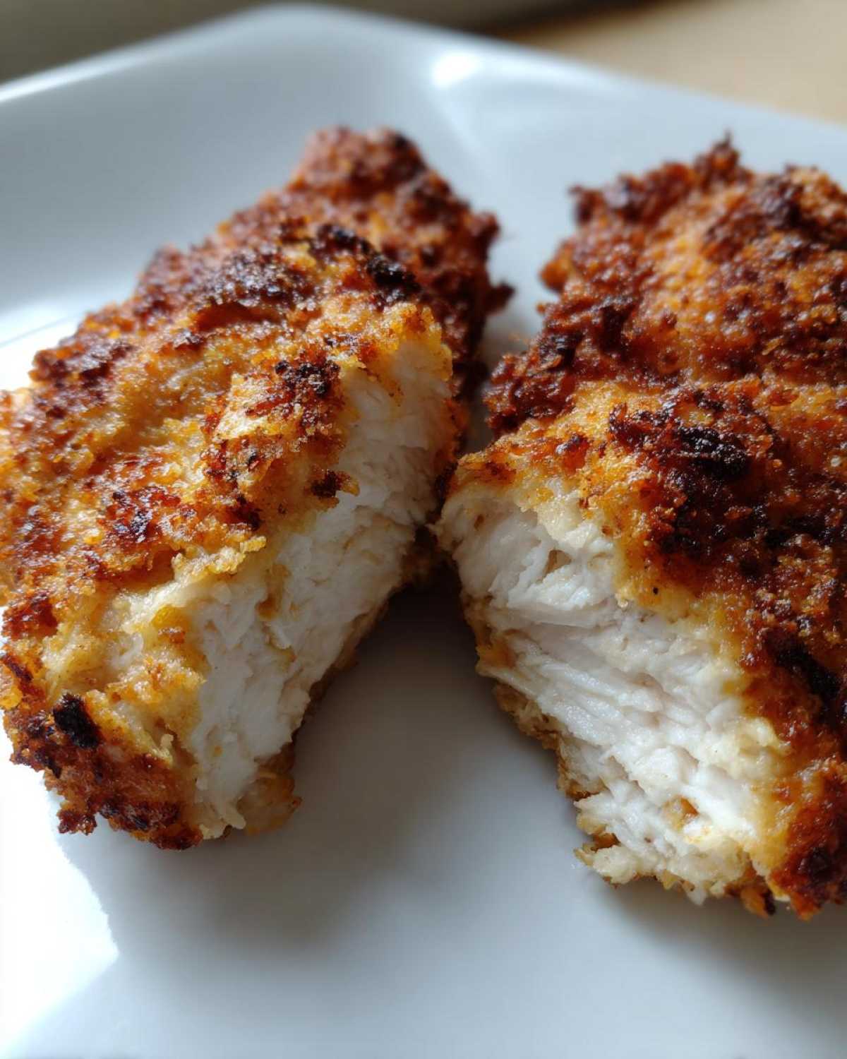 Close-up of two halves of air fryer chicken tenders showing the juicy white interior and crispy golden-brown coating.