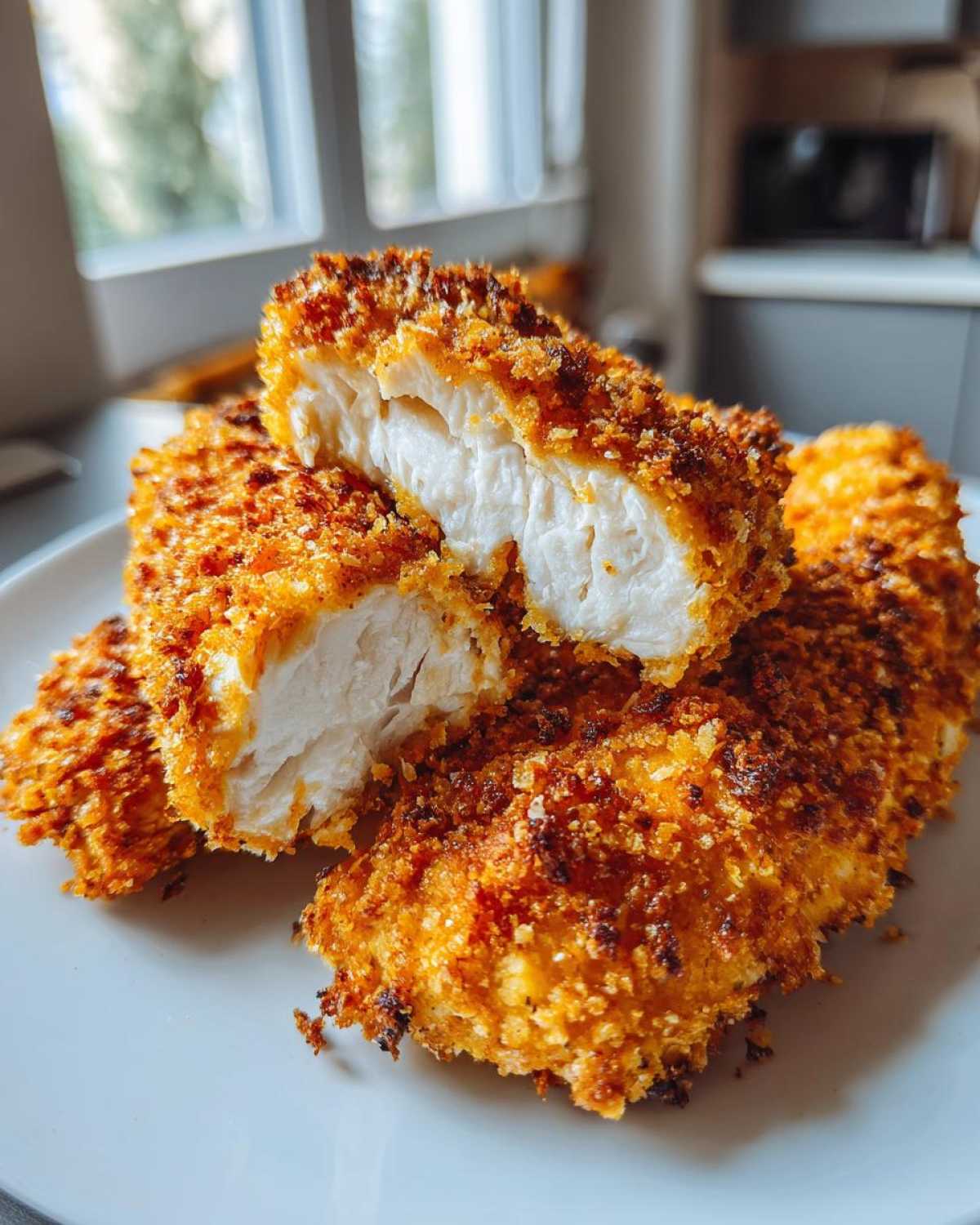 Close-up of crispy, golden brown air fryer chicken tenders, one cut open to show the juicy white meat inside.