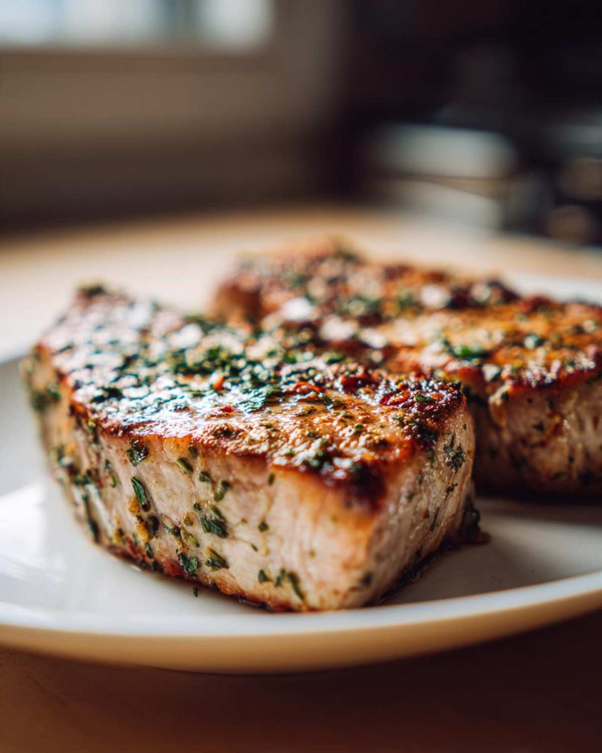 Close-up of a perfectly cooked air fryer Tuna steak seasoned with green herbs, resting on a white plate.
