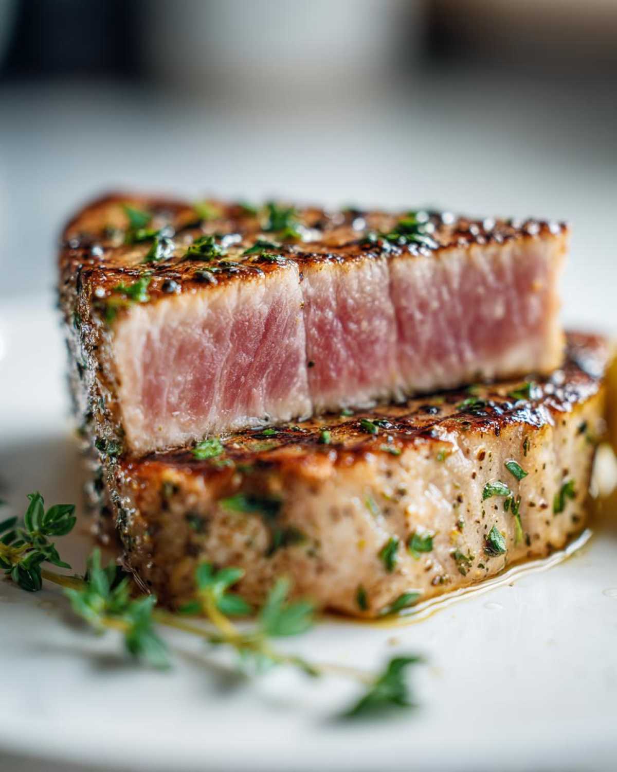 Close-up of a perfectly seared air fryer Tuna steak, cut in half to show the rare, pink center and herb crust.