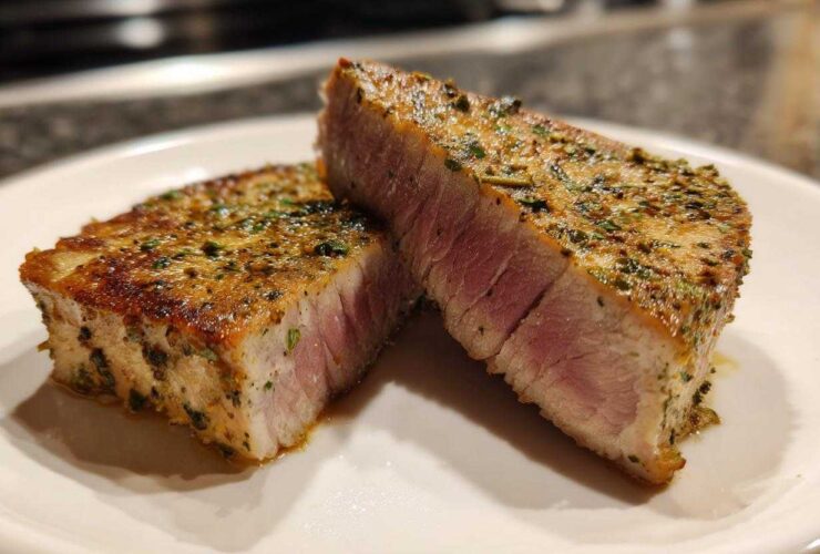 Two halves of a perfectly seared air fryer Tuna steak, showing a medium-rare pink center and herb crust.