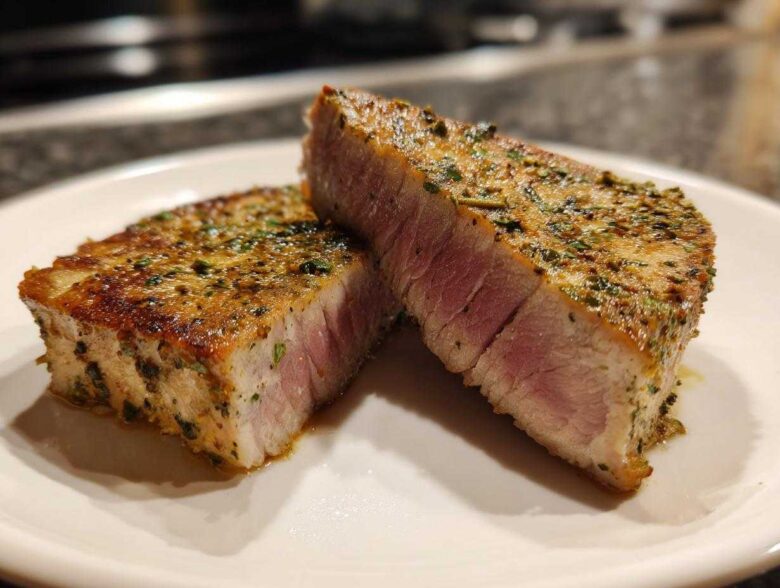 Two halves of a perfectly seared air fryer Tuna steak, showing a medium-rare pink center and herb crust.