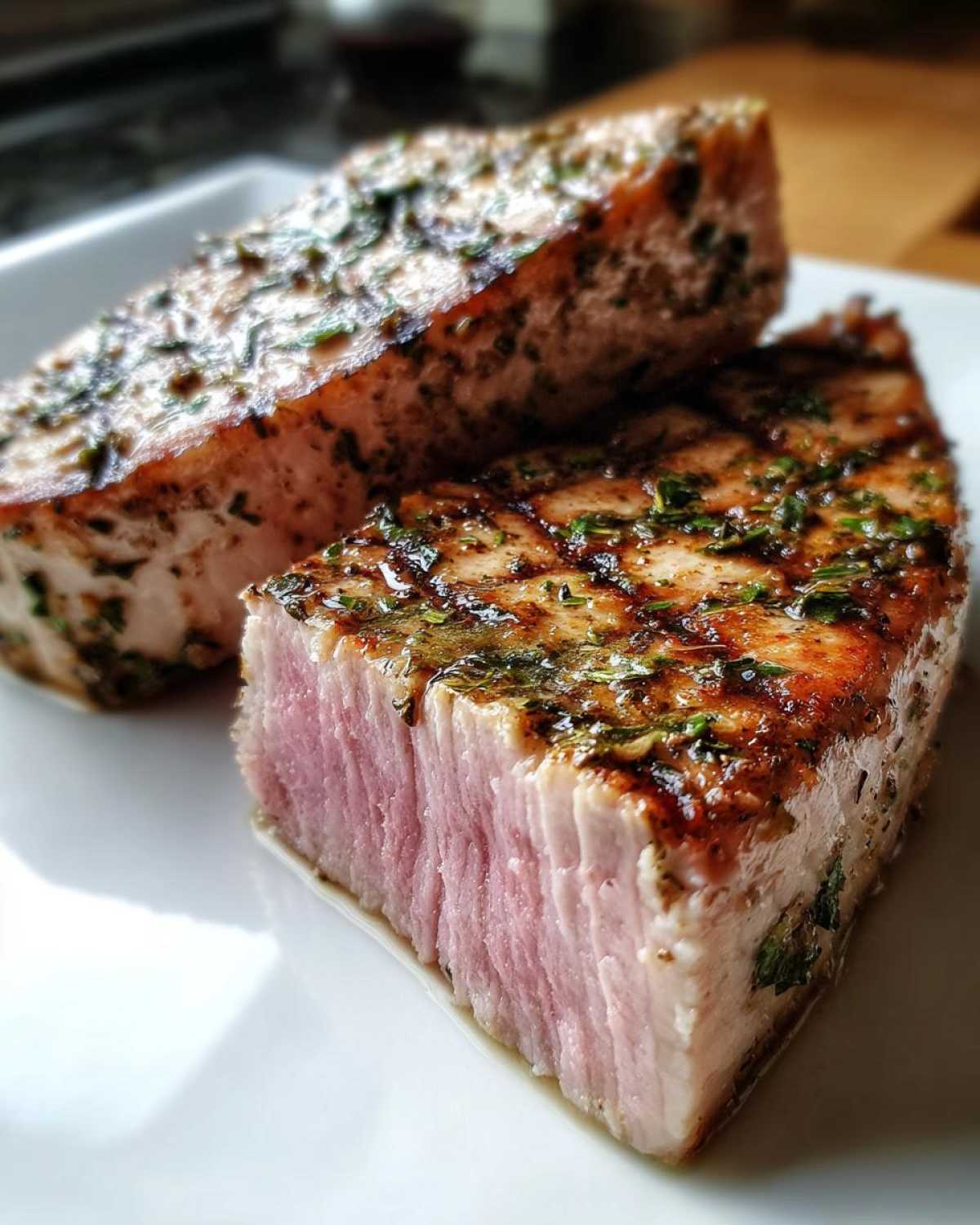 Close-up of a perfectly cooked air fryer Tuna steak, showing a pink, medium-rare center and herb crust.