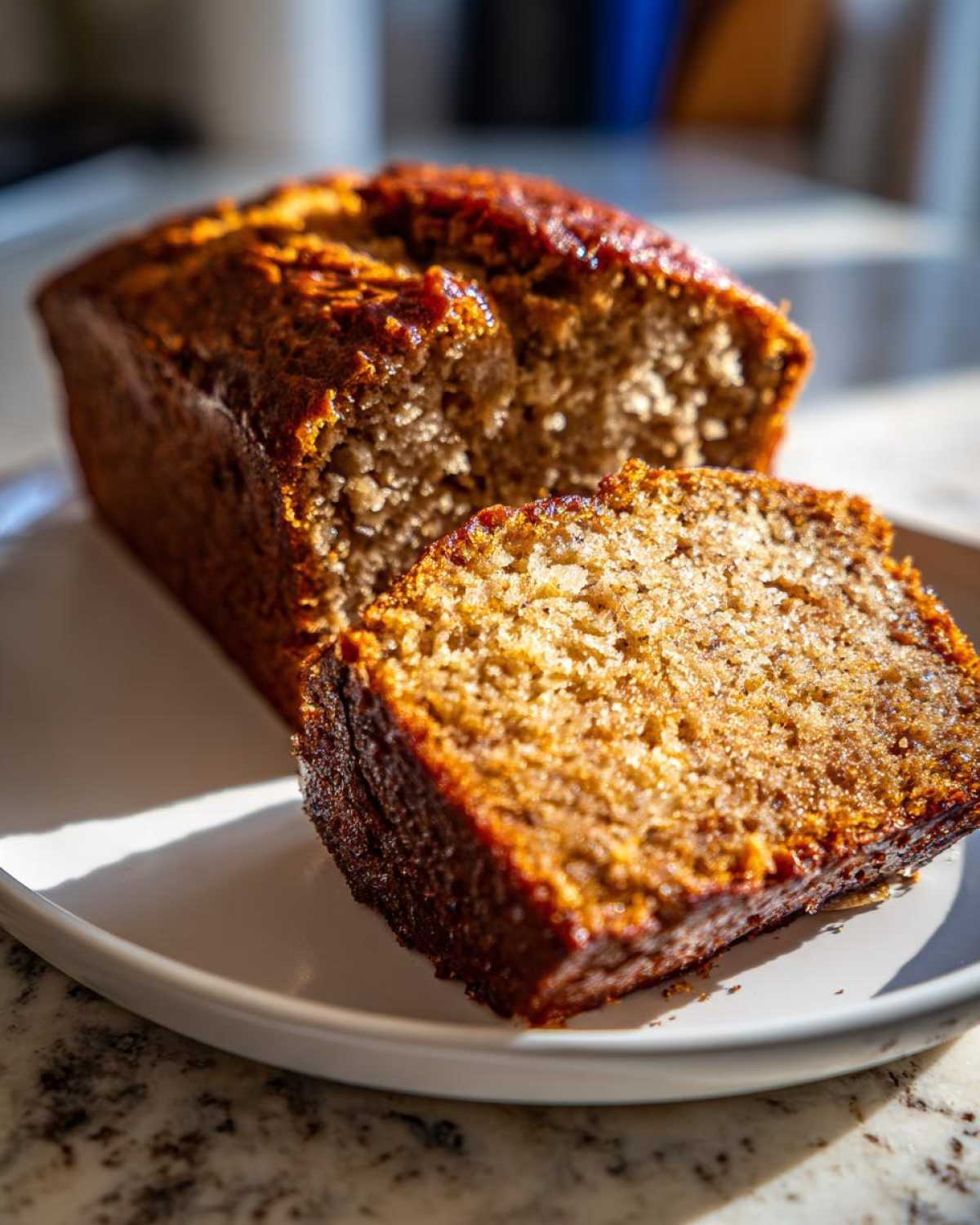 A close-up of a freshly baked loaf of banana bread recipe, with one thick slice cut and resting beside it on a white plate.