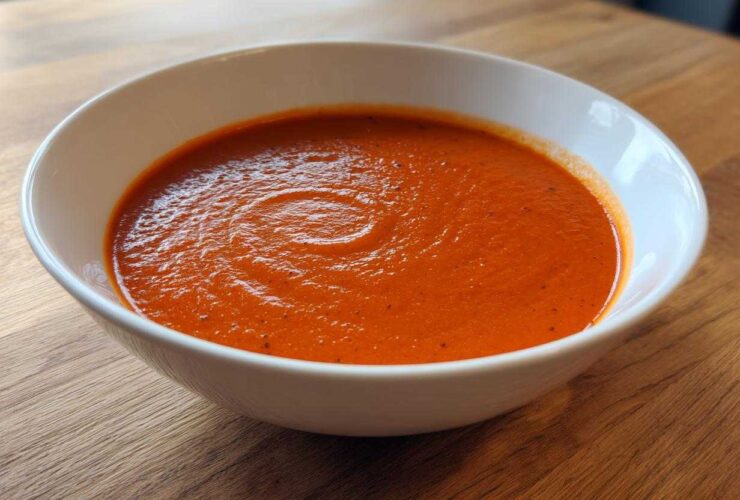 A close-up shot of rich, vibrant red Tomato Soup served in a white bowl on a wooden table.