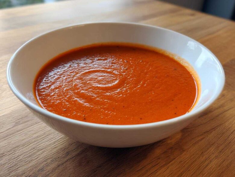 A close-up shot of rich, vibrant red Tomato Soup served in a white bowl on a wooden table.