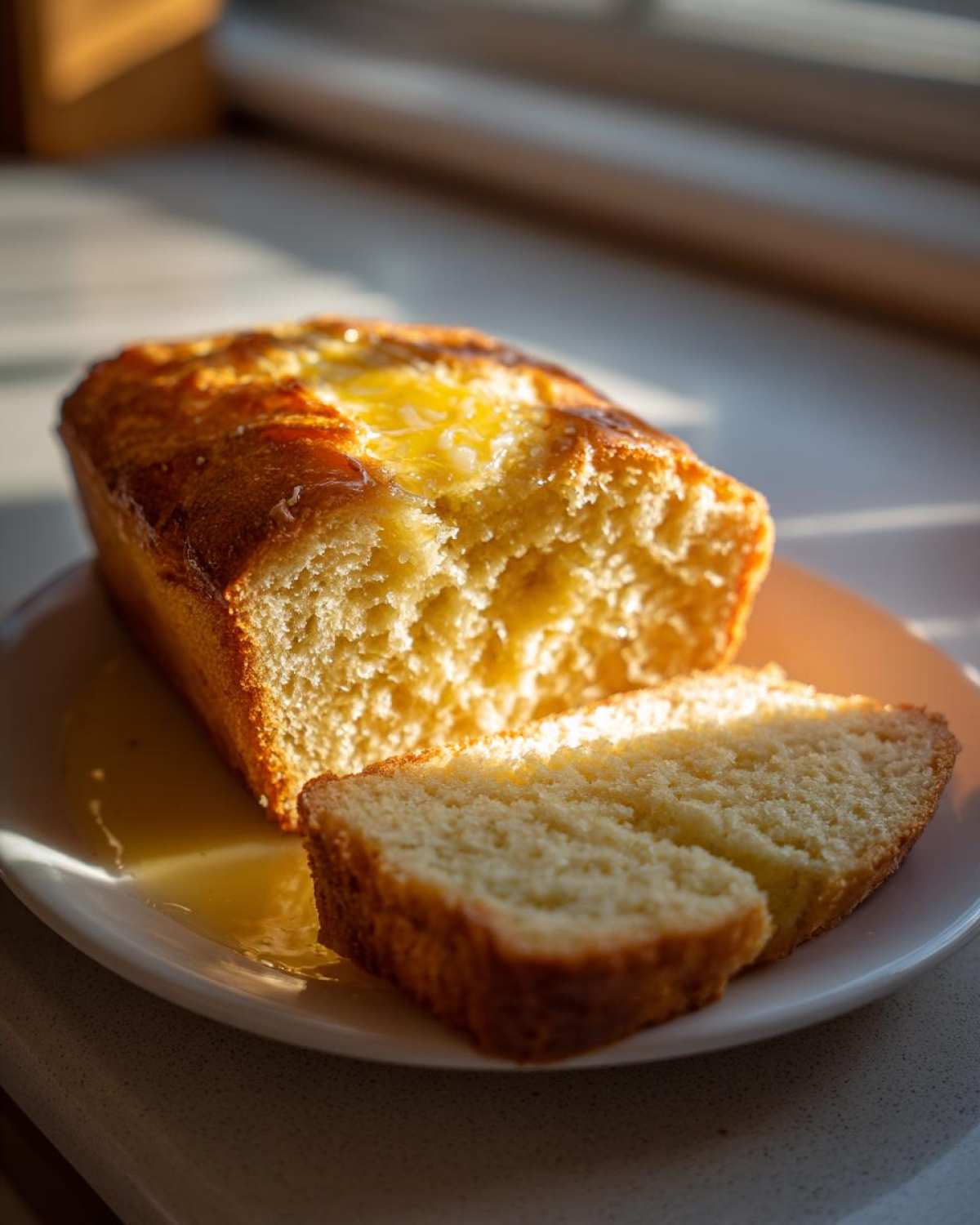 A loaf of golden brown beer bread, partially sliced, topped with melting butter on a white plate.