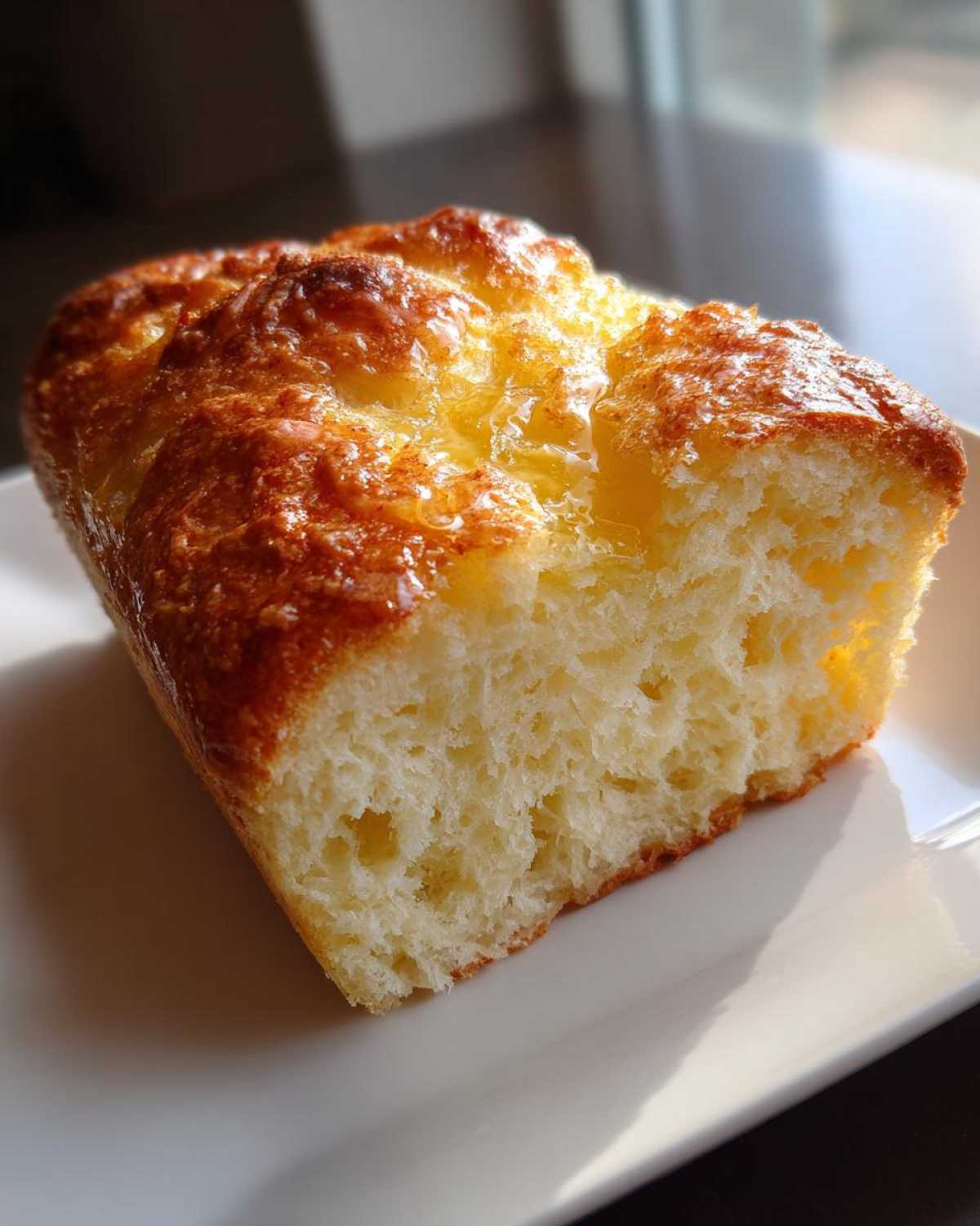 Close-up of a golden-brown slice of moist beer bread with a shiny, glazed top, resting on a white plate.