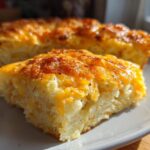Close-up of a golden-brown slice of cheesy hashbrown casserole on a white plate.