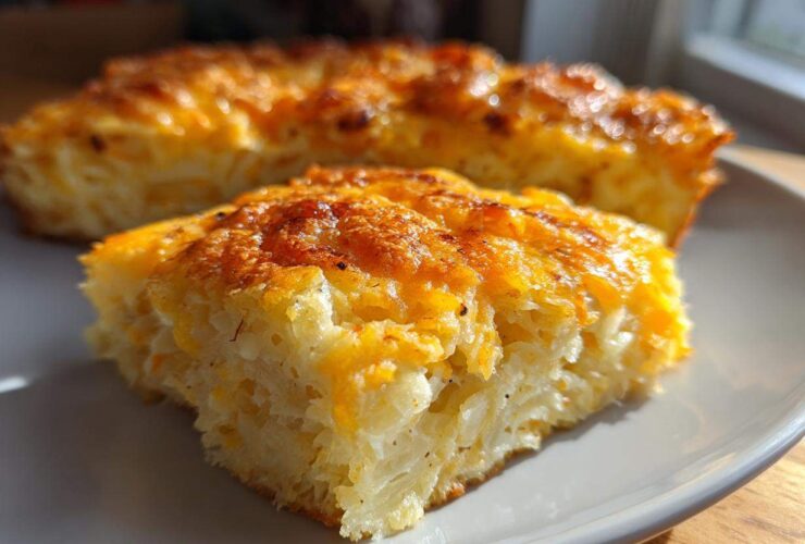 Close-up of a golden-brown slice of cheesy hashbrown casserole on a white plate.