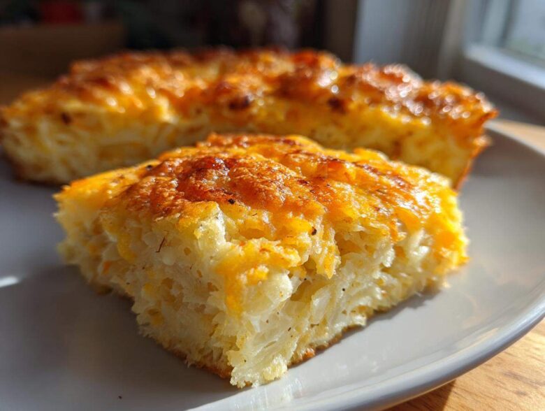 Close-up of a golden-brown slice of cheesy hashbrown casserole on a white plate.