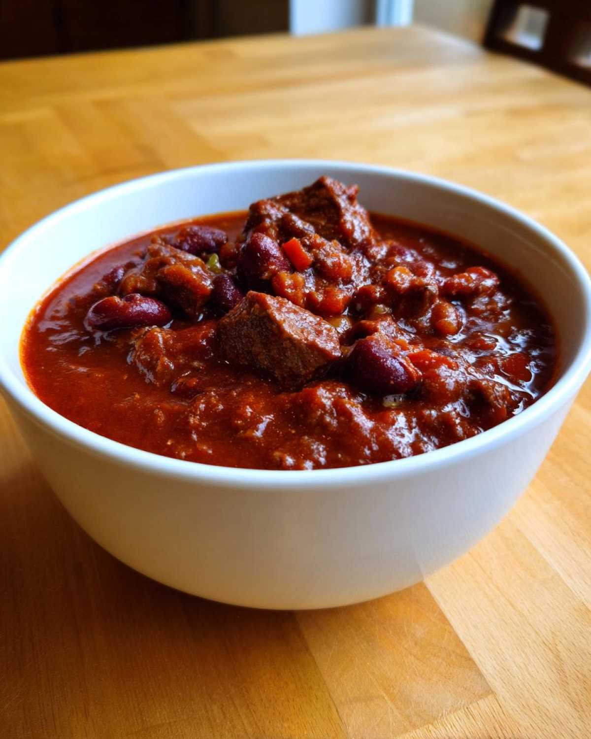 Close-up of a white bowl filled with rich, dark red chili, featuring large chunks of beef and kidney beans.